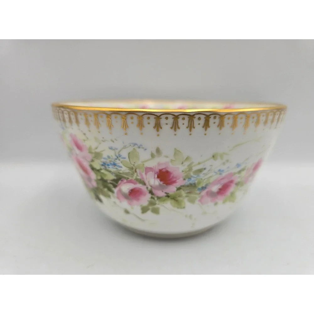 Antique Hand Painted Porcelain Bowl 1896 Pink Roses‎ Gold Gilt Victorian - Picture 2 of 12